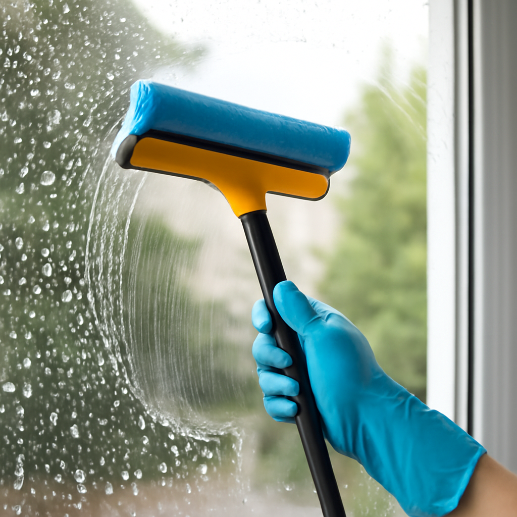 יד עם כפפה כחולה מנקה חלון בעזרת כלי ניקוי, מספקת שירותי ניקיון משרדים מקצועיים.
