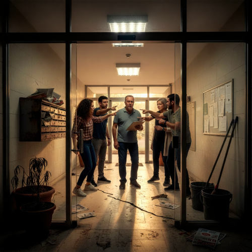 עימות בין שכנים לנציג ועד בית בבניין עם בעיות תחזוקה וניקיון, המדגים מתח בין דיירים בניהול עצמי.