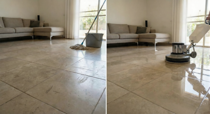 תוצאות מדהימות של פוליש במרכז על ידי נופר שירותי ניקיון – תמונת השוואה לפני ואחרי