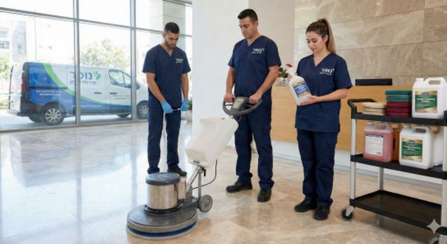 הצוות של נופר שירותי ניקיון מפעיל מכונה תעשייתית לביצוע פוליש במרכז